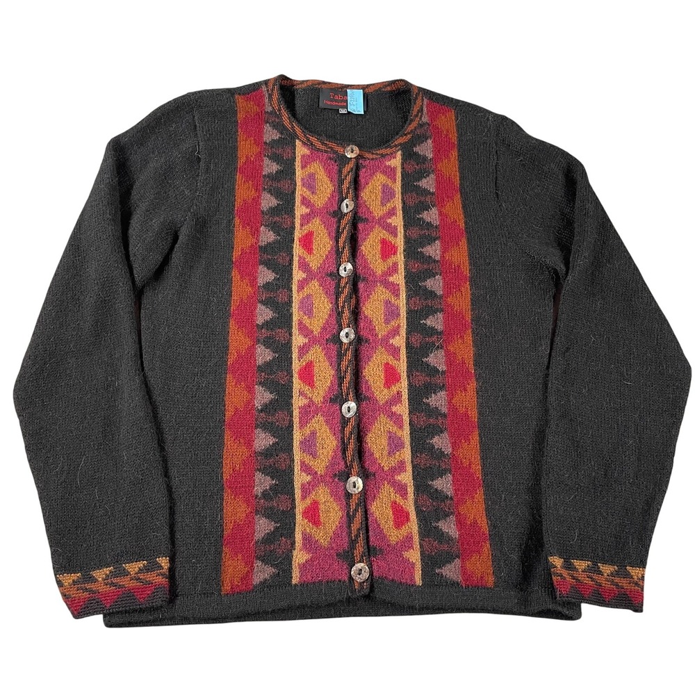 Tabask Sweater Womens M Black Red Handmade Peru Alpaca Blend Cardigan Jacket